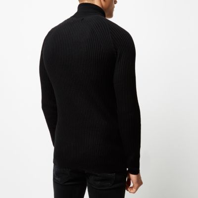 Black ribbed knit roll neck jumper